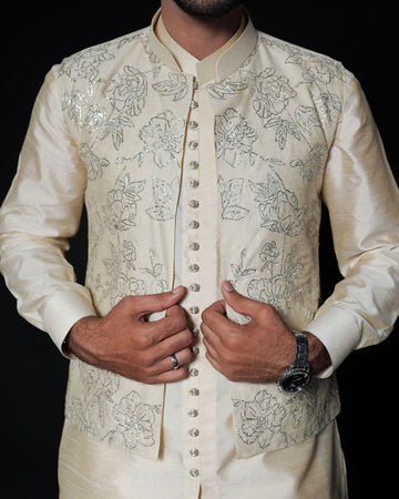 Off-White Kaamdani Embroidered Kurta Set with Waistcoat For Men